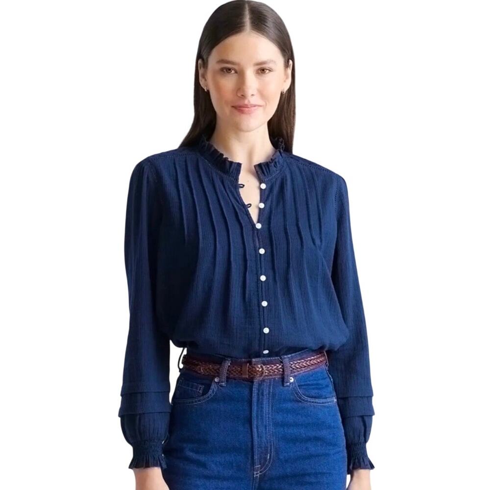 Quince Organic Textured Cotton Peasant Blouse Navy Blue M